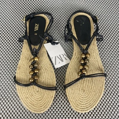 Sandalias planas alpargata Zara para mujer talla 7,5 con cuentas negras correa al tobillo Foto 1 de 4
