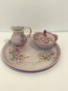 Vintage 1960 Floral Lavender Cream and Sugar Bowl set with Serving Tray 10" - Picture 1 of 12