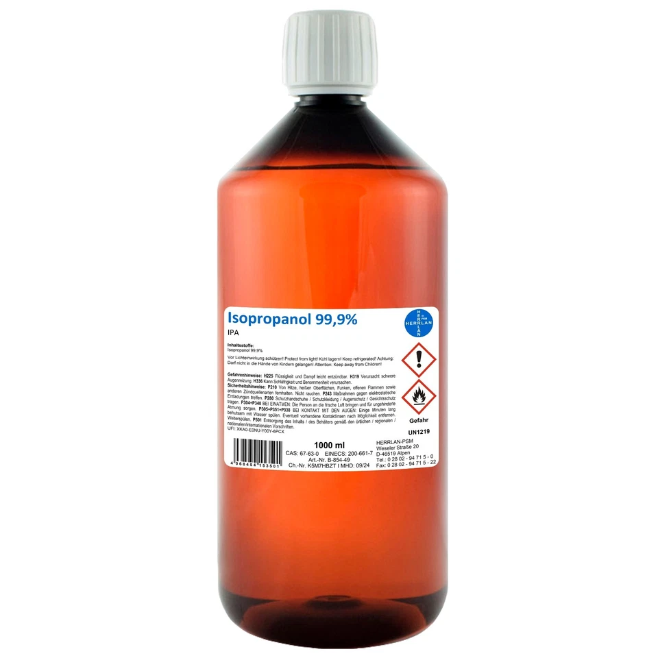 HERRLAN-PSM HERRLAN Isopropanol 1000 ml Reinigungsalkohol 99,9% I Fettlöser & Lösungsmittel