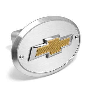 Chevrolet 3D Gold Logo on Brushed Silver Oval Billet Aluminum Tow Hitch Cover - Picture 1 of 6