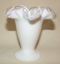 Vintage Fenton White Milk Glass Silver Crest Pedestal Vase Ruffled Edge 4 Inch
