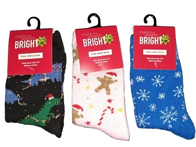 Calcetines Navidad Crew Niños Calcetín Talla 6-8 3 Pares Vacaciones Nieve Pan de Jengibre Dino NUEVO Foto 1 de 4