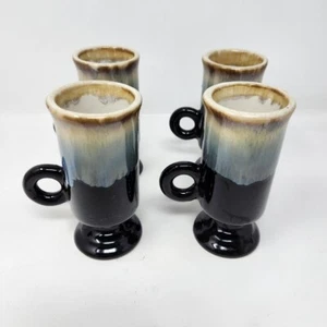 Espresso Coffee cafe brown blue Pottery Mugs Cups Set of 4 N1 - Picture 1 of 3