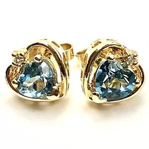 14K Yellow Gold Heart Cut Blue Topaz And Diamond Women’s Stud Earrings 2.13g - Picture 1 of 12