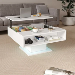 High Gloss Coffee Table,LED Lights for Livings Room Furniture, White,collapsible - Picture 1 of 10