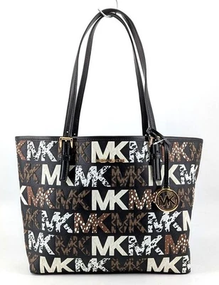 NWT MICHAEL Michael Kors Jet Set Travel Black Brown Signature Carryall Tote Bag - Image 1 of 4