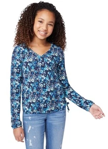 Justice Girls Top Blue Size 12/14 Flowers Pullover Side Lace Up Soft Rib Knit - Picture 1 of 9