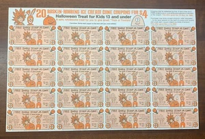 De colección Baskin-Robbins Halloween SIN USAR Cono de Helado Gratis Cupón Hoja de 20 1985 - Imagen 1 de 4