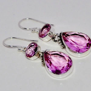 Rose Quartz Gemstone Drop Earring, 925 Sterling Silver Handmade Earring 1.8" - Picture 1 of 4