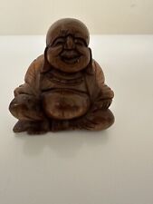 Wooden Smiling Buddha Statue Single-Piece Carved 2-3/4" Charming