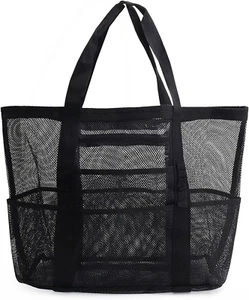 ✨ Beach Bag Black Mesh Beach Bag Women'S Mesh Beach Tote 9 Pockets Foldable - Tr - Picture 1 of 7