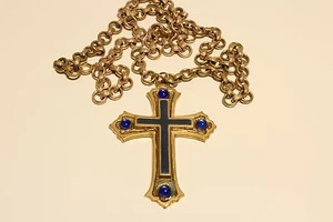 ANTIQUE VINTAGE RARE ENAMEL PRIEST MEN'S BIG 9.8sm SOLID BRASS CROSS WITH STONES - Picture 1 of 7