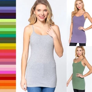Women's Long Cami Built-In Shelf Bra Adjustable Spaghetti Strap Tank Top - Picture 1 of 217