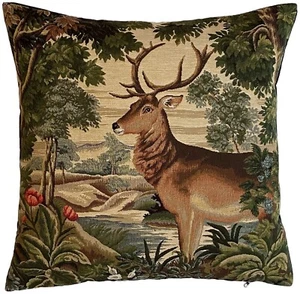STAG DEER IN FOREST BELGIAN JACQUARD WOVEN TAPESTRY CUSHION COVER, BEIGE REVERSE - Picture 1 of 6