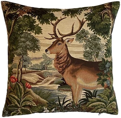 STAG DEER IN FOREST BELGIAN JACQUARD WOVEN TAPESTRY CUSHION COVER, BEIGE REVERSE - Image 1 of 4