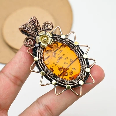 Colgante envuelto en alambre de cobre ámbar báltico oxidado hecho a mano joyería regalo para ella Foto 1 de 4