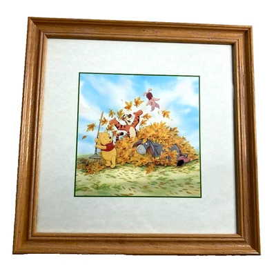 Vtg 1999 Winnie Pooh Wood Frame Wall Hanging "Four Seasons" Nursery Art USA 9.5" - Image 1 of 4