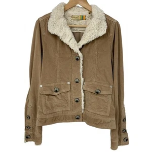 True Grit Corduroy Faux Fur Button Front Jacket Size S Tan Retro Flap Pockets - Picture 1 of 7