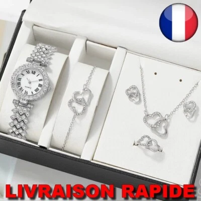 Montre Bracelet Collier Bague Boucle d'oreilles Bijoux Femme Strass Coeur Cadeau - Photo 1/2