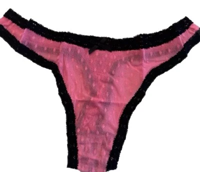 Brand New Betsey Johnson Pink Lace Thong   Size Small Lingerie Bow Stretch Mesh - Image 1 of 4