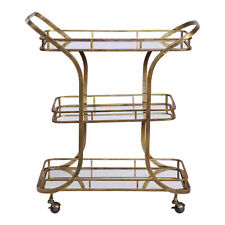 Retro Mid Century Tiered Gold Serving Bar Cart | Mirrored Shelves Rolling Wheels