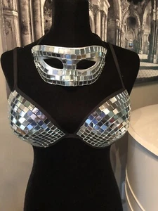 Sujetador Disco Espejo 38C Máscara Papel Maché a Juego con Cinta de Satén Dama Estilo GAGA - Imagen 1 de 10