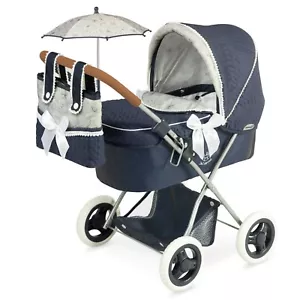 Navy Blue & White Bows Doll Pram & Bag And Umbrella Spanish Design By Decuevas - Picture 1 of 8