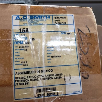 AO Smith 158 3/4 HP 460V 1Ph 1075RPM PSC Reversible 2.2Amps Shaft 1/2 x 6 - Image 1 of 2