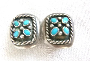 70er Vintage Navajo Türkis Clip Ohrringe 925 Sterling Silber Shadowbox Look - Bild 1 von 3