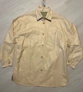 Mango Shirt Women M/L Beige PU leather Oversized Chest Pocket Long Sleeve Button - Picture 1 of 17