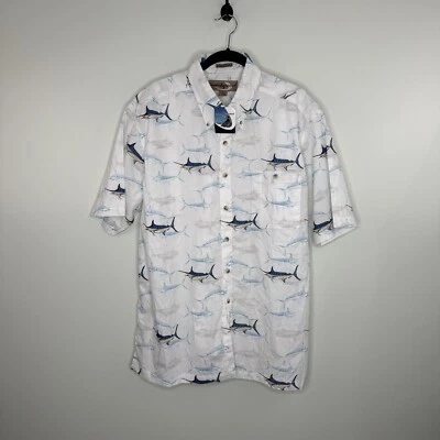 Hook & Tackle Men's White Marlin Pattern Fish Short Sleeve Button Shirt Size XL - Image 1 of 4