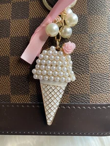 Ice Cream Bling Bag Charm Keychain Cone Pink Gold Metal Faux Pearl Christmas - Picture 1 of 3