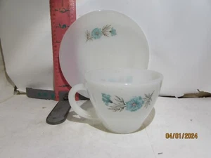 FIRE KING WHITE CUP/SAUCER SET w/BLUE CORNFLOWER DECOR! - Picture 1 of 2
