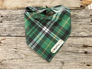 Dog Bandana, Irish Green White Plaid, White Leather Personalized Name Tag Tie On - Picture 1 of 6