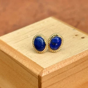 14KT Yellow Gold Oval Bezel Genuine Blue Lapis Milgrain Post Stud Earrings NEW - Picture 1 of 8