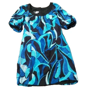 Simply Chloe Dao Silk Dress Sz Medium Babydoll Minidress Puffed Sleeve Artsy Blu - Picture 1 of 6