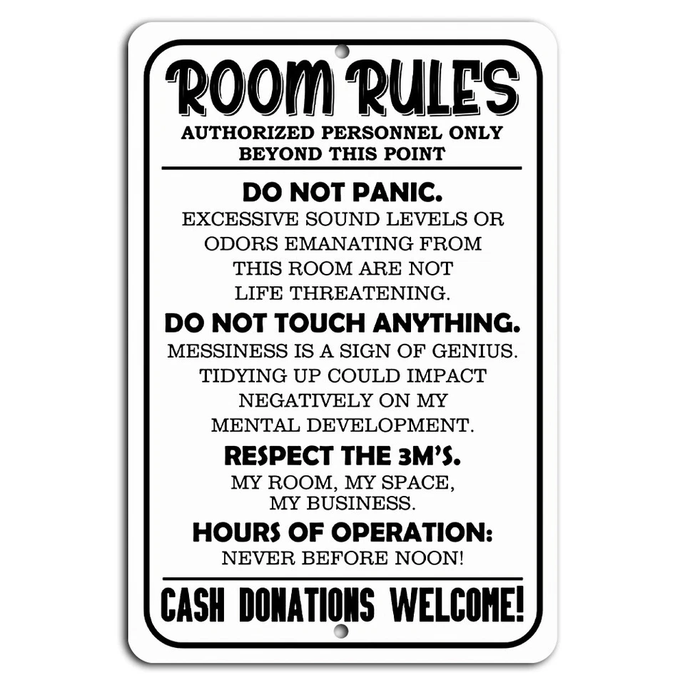 Room Rules Funny Teen Girl Boy Bedroom Sign - 8x12 Inch Aluminum - Image 1 of 1