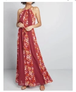 Modcloth "Illuminated Elegance" Chiffon Maxi Dress -Striped Floral- Size Large - Picture 1 of 5