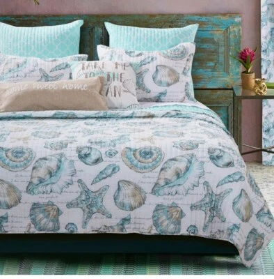 Coastal Quilt Set King Blue White Sea Shell Pillow Shams Reversible Bedding NEW - Image 1 of 4