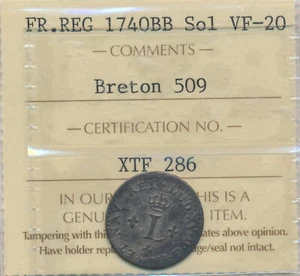 FRANCE / FRENCH COLONIES LOUIS XV SOL 1740 BB BRETON 509 - ICCS VF-20 - Picture 1 of 3