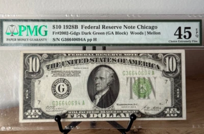 1928B $10 Federal Reserve Note FR-2002G Dark Green Chicago Illinois PMG 45 EPQ - Image 1 of 4