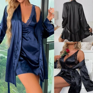 Sexy Women Silk Robe Lingerie Nightdress Dress Pajamas Set Sleepwear Babydoll US - Picture 1 of 17