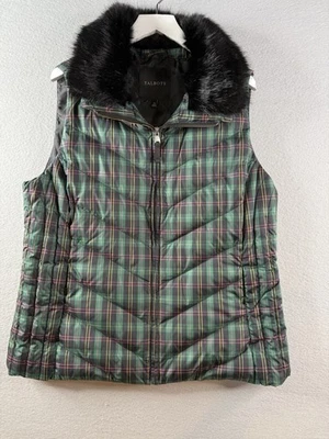 Talbots Plaid Down Puffer Vest Women's Sz XL Faux Fur Holiday Heritage Preppy - Image 1 of 4