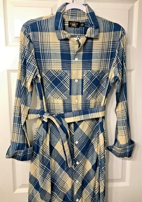 RRL RALPH LAUREN Plaid Maxi Dress Cotton/Linen Button Front Long Slv Blue Sz 4 - Image 1 of 4