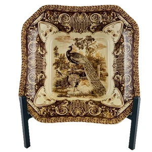Square Italian Serving Dishes Brown Peacock Transferware by Antiche Riproduzioni - Picture 1 of 10