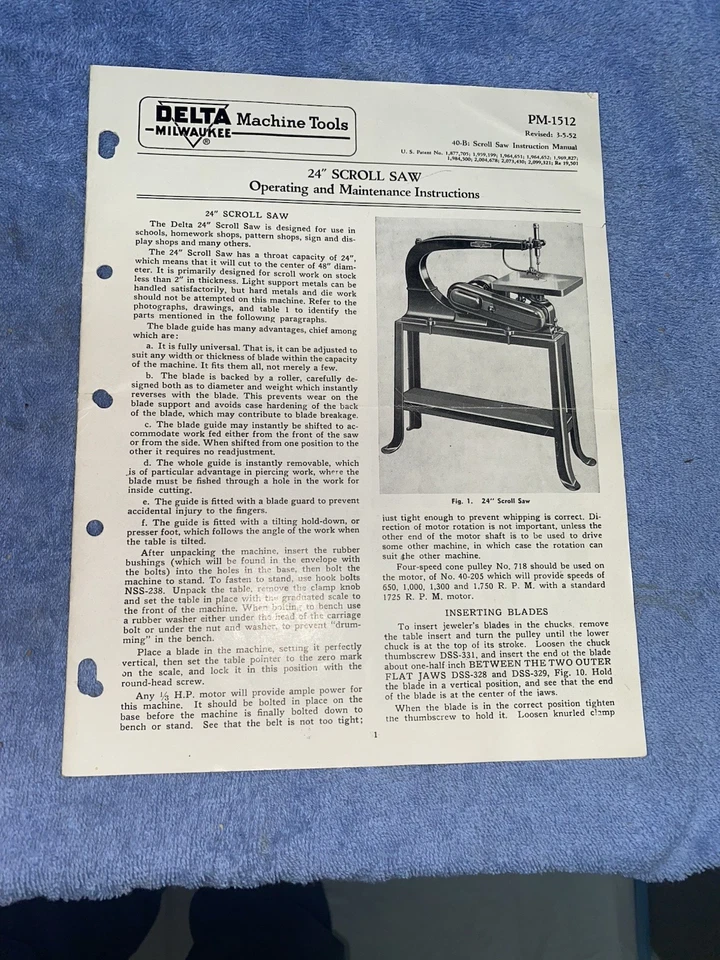 1952 DELTA MILWAUKEE 24" Scroll Saw Operator & Parts Manual - Image 1 of 1