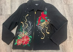 Lisa International Sweater/Jacket XL Boiled Wool Cardinals/Sequins Embroidery - Picture 1 of 8