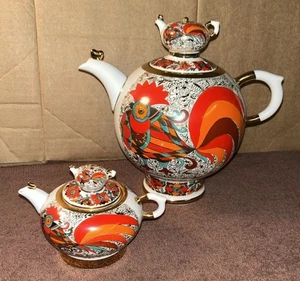 Set 2 teiere oro 22 carati GALLO DORATO PORCELLANA LOMONOSOV A. VOROBYEVSKI - Foto 1 di 19