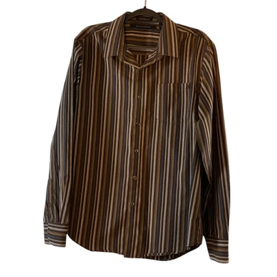 Sean John Men's XL Brown Tan Blue Shirt Striped Long Sleeve Tailored Fit Fall - Image 1 of 4