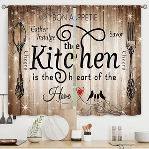 Brown Black Kitchen Curtains Short Small Farmhouse Retro Rustic Country Fork and - Picture 1 of 7